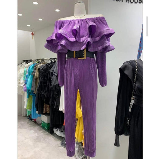 Off Shoulder Pleated Ruffle Jumpsuit