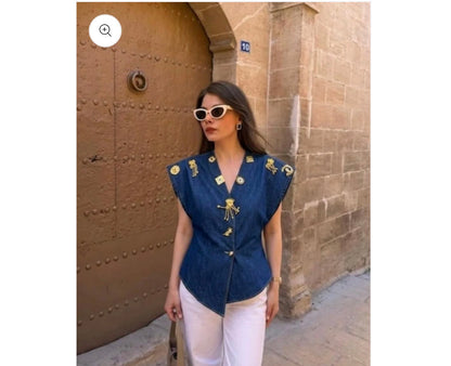 Evil Eye Denim Wrap Top