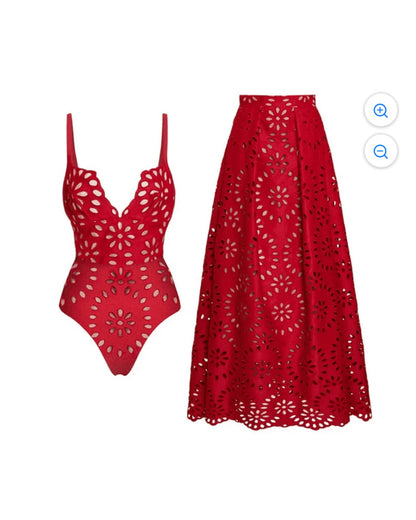 Maio Flower Hollow 2 Swimsuit Set (Red)