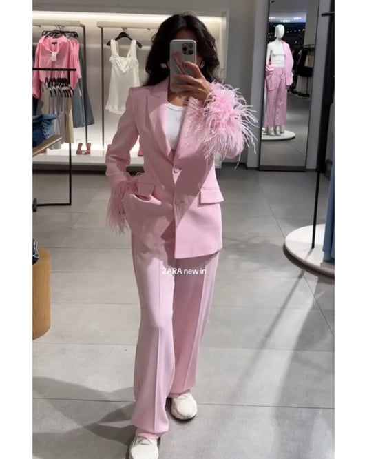 Pink Feather Blazer Set