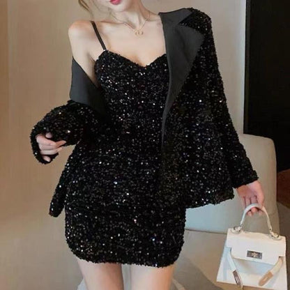 Starry Whisper Sequin Dress with blazer  Set