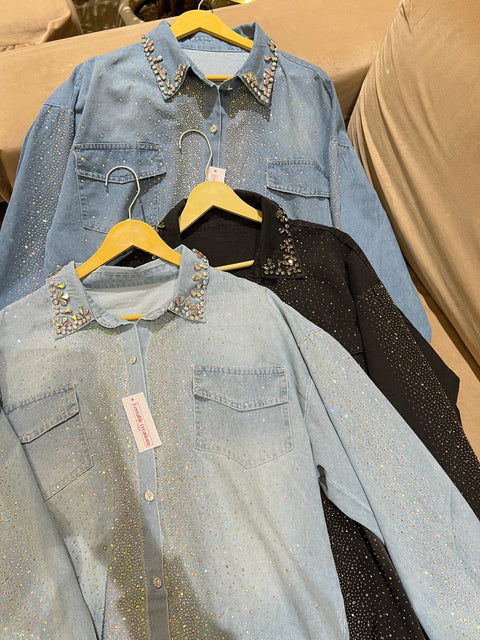 Keya Luxe Rhinestone Denim Shirt