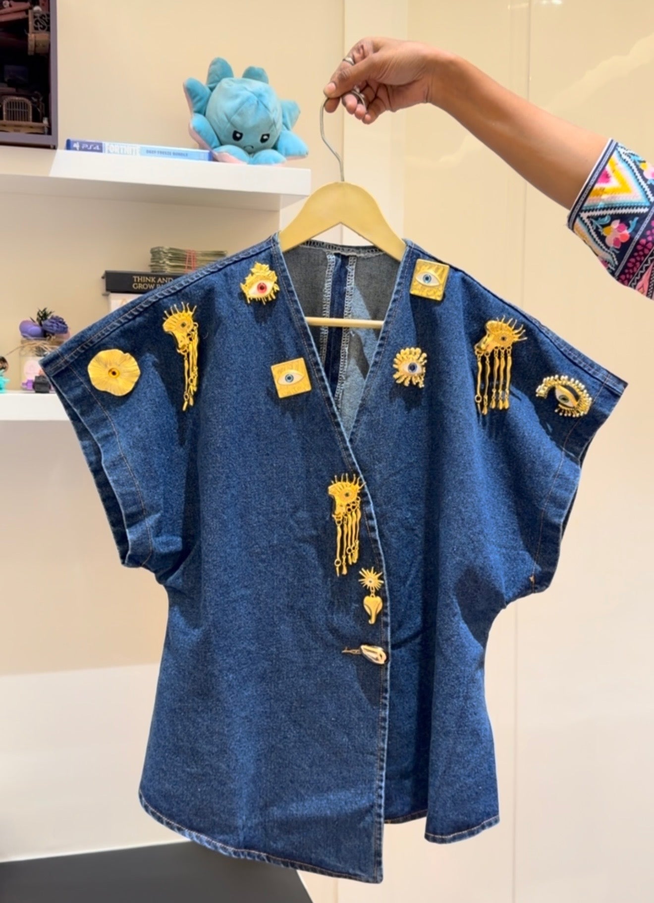 Evil Eye Denim Wrap Top