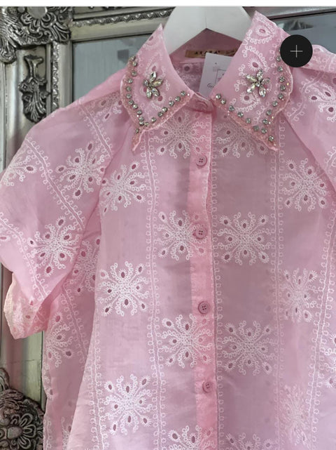 Embriodery Collar Crystal Shirt