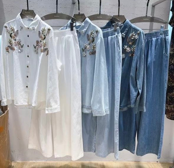 Bloom Stitched Denim Cords Set