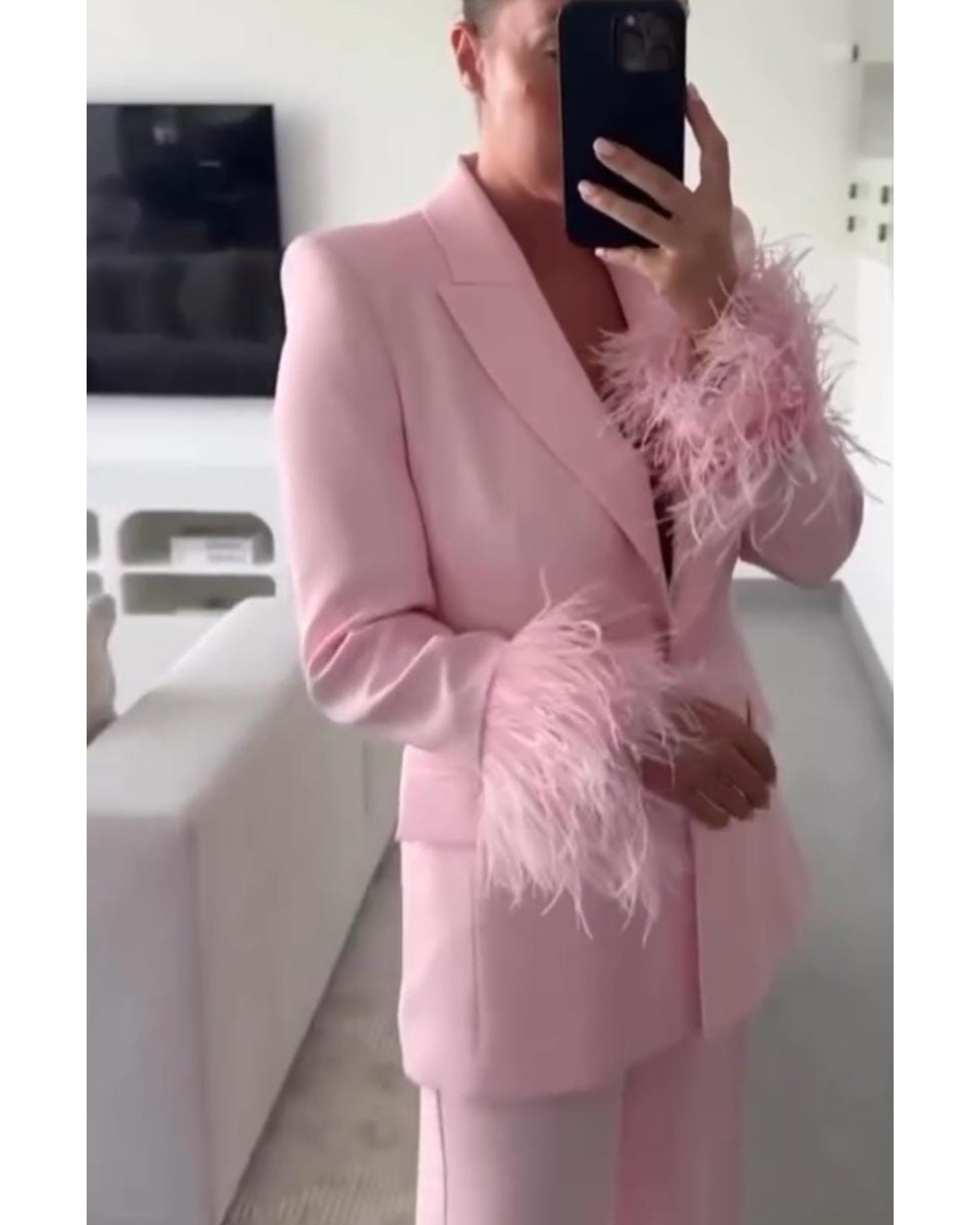 Pink Feather Blazer Set