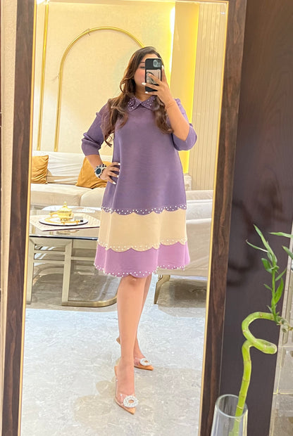 Colorblock Pearl Work Pleated Dress