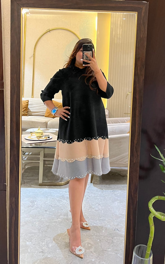 Colorblock Pearl Work Pleated Dress