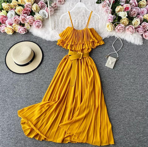 Pleated Ruffle Belt Dress