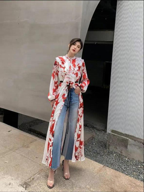Luxury Floral Ruffle Slit Dress