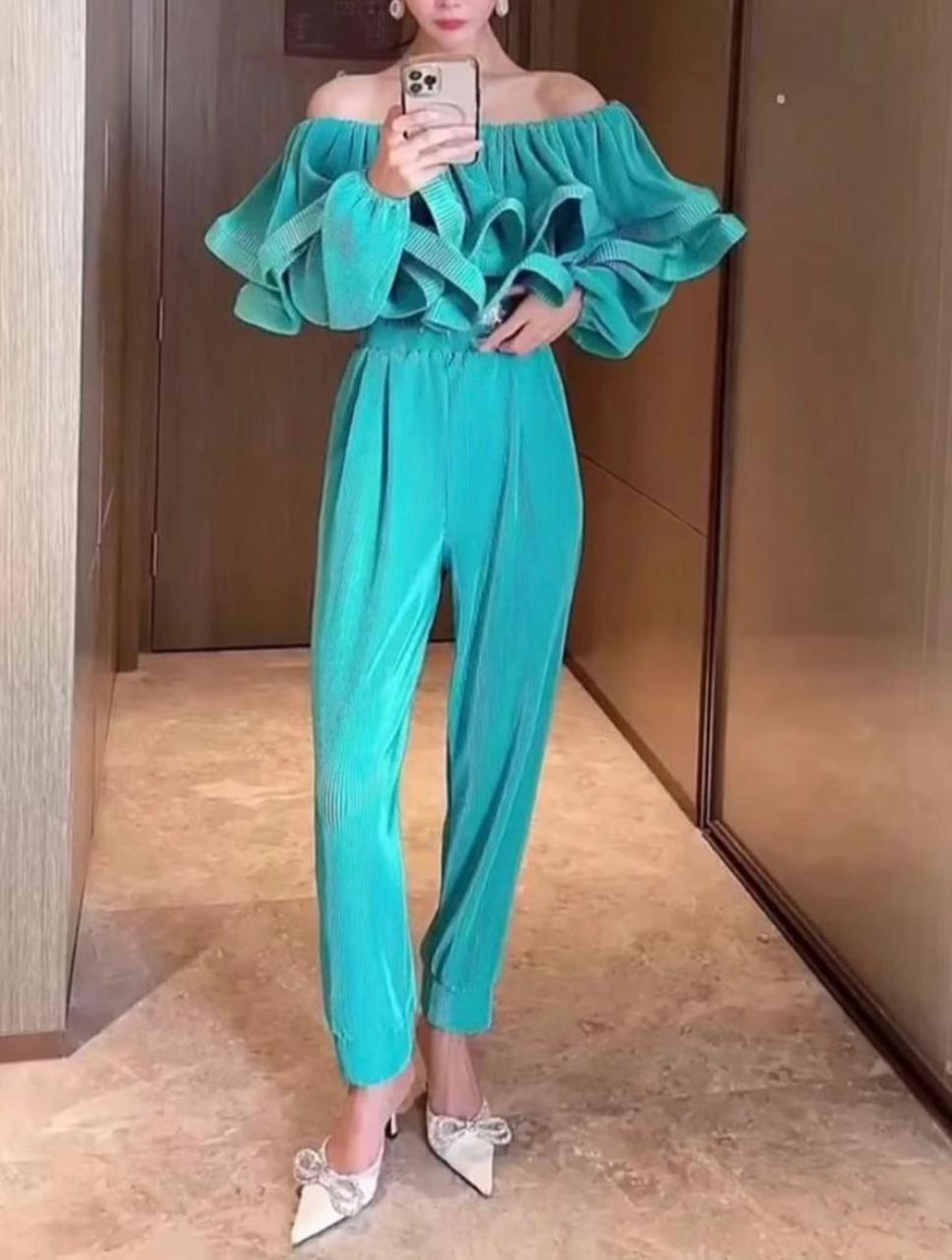 Off Shoulder Pleated Ruffle Jumpsuit