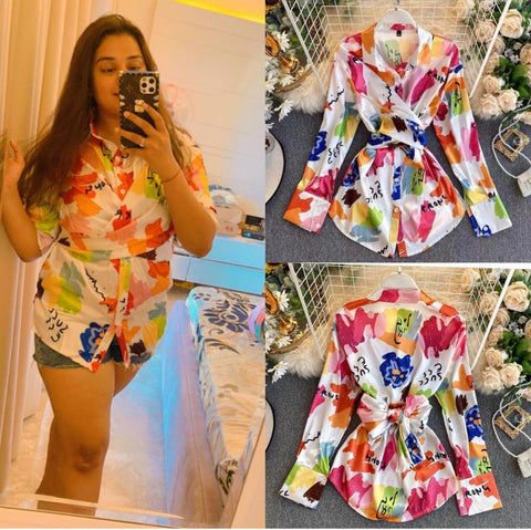 Satin Back Bow Printed Shirt
