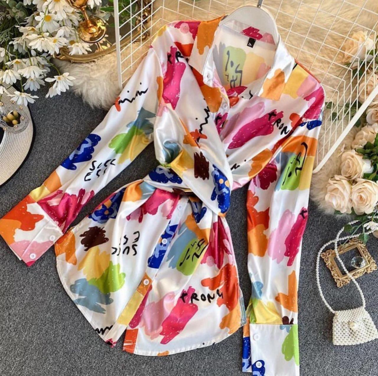 Satin Back Bow Printed Shirt