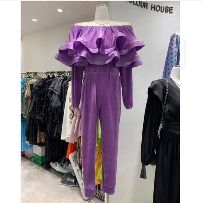 Off Shoulder Pleated Ruffle Jumpsuit
