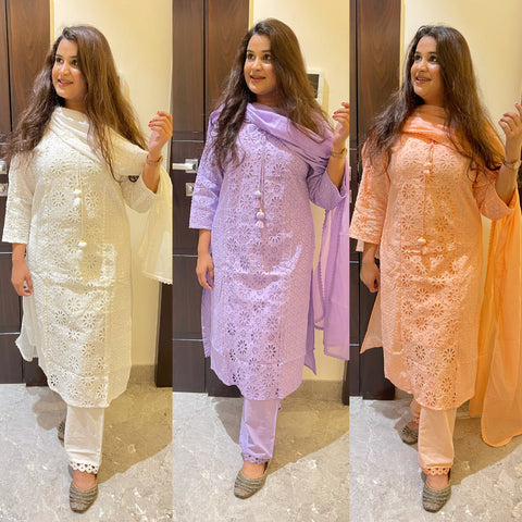 Cut work cotton suit