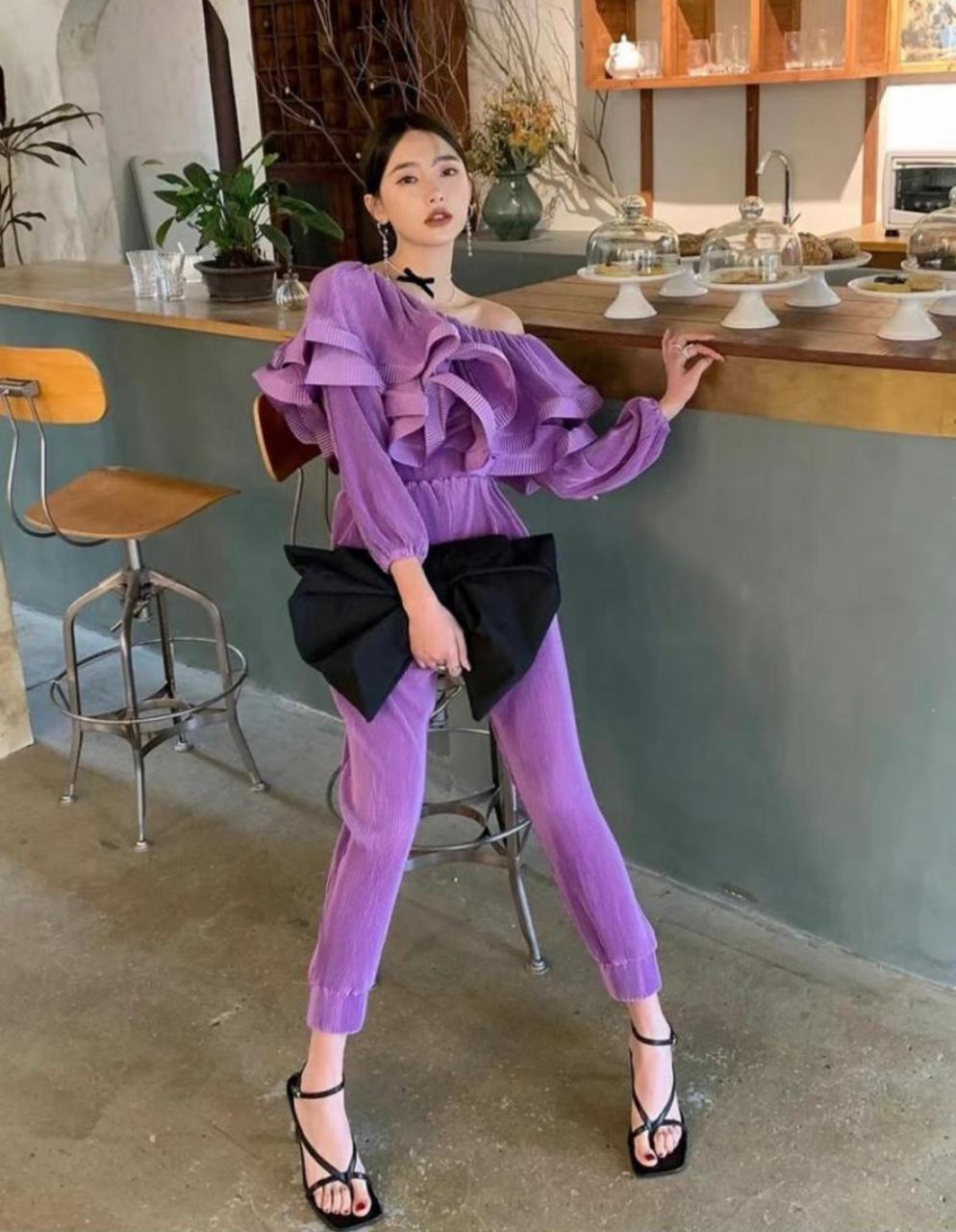 Off Shoulder Pleated Ruffle Jumpsuit