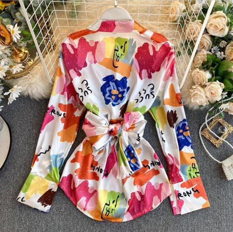 Satin Back Bow Printed Shirt